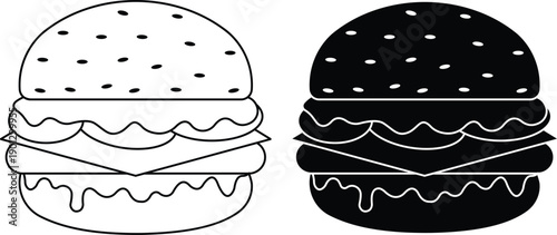 Burger vector outline and black silhoutte, black and white cheeseburger clipart.