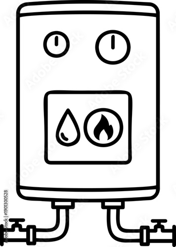 Modern Tankless Water Heater Icon - Minimalist Line Art Vector of Gas Geyser with Temperature Controls and Water Flame Symbols