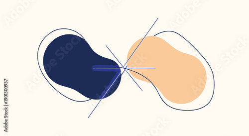 Vector abstract shapes, navy blue and beige blobs with intersecting lines, for background or texture overlay, isolated on transparent background, png