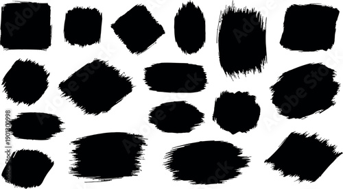 Vector collection of artistic grungy black paint hand made creative brush stroke set isolated on white background.