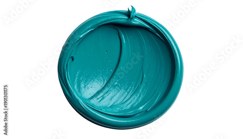 Teal paint in a circular swatch, textured brushstrokes, set against a stark black background