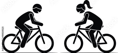 Black silhouettes of man and woman riding bicycles side by side bike cycling cyclist