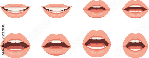 Set of Realistic Female Lips with Open Mouth Expressions Showing Teeth and Tongue for Beauty, Speech, Emotion, and Facial Expression Vector Design.