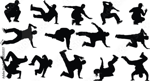 Black silhouettes of people dancing in various breakdancing poses white background