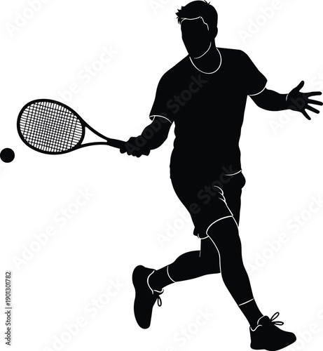 Black silhouette of man playing tennis with racket and ball tennis player white background