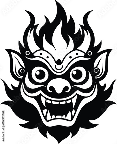 Balinese Mask with Flames on White Background