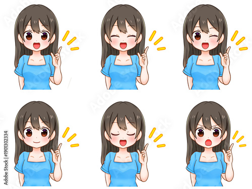 指さしして説明するかわいい清楚系美少女のイラスト素材セット3