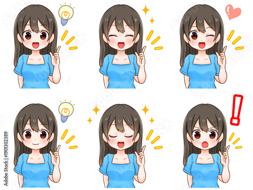指さしして説明するかわいい清楚系美少女のイラスト素材セット2