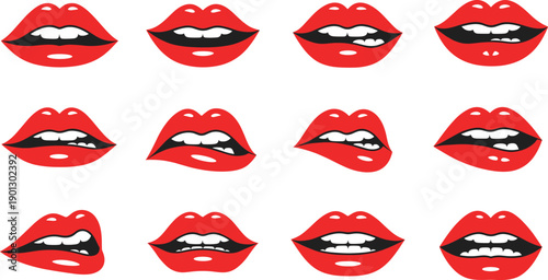 Set of Red Flat Cartoon Lips with Different Mouth Shapes and Expressions for Beauty, Fashion, Pop Art, Emoji, and Vector Design.