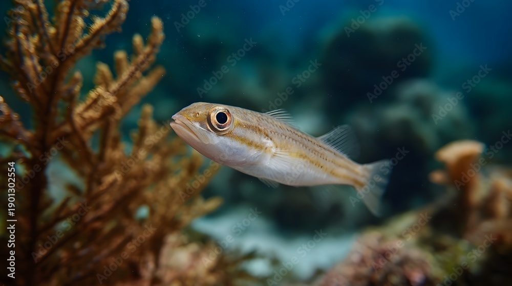 Fototapeta premium A small striped fish swims gracefully through a vibrant coral reef highlighting the clear blue waters and diverse marine life of the ocean