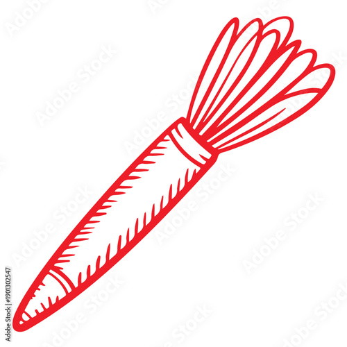 Red line drawing of paint brush with bristles fanned out at angled view against transparent background with simple clean design and artistic element illustration