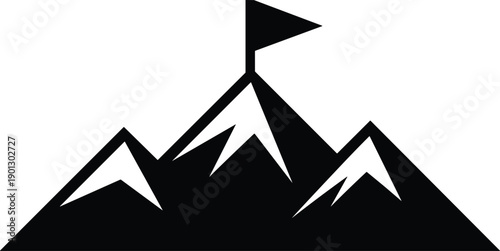 Minimalist black glyph icon symbolizing the ultimate achievement of reaching the mountain summit and planting a flag, representing business success and conquering challenging goals.