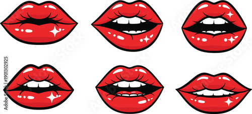 Set of Red Glossy Female Lips with Sparkle Highlights and Mouth Expressions for Beauty, Fashion, Pop Art, and Vector Illustration.
