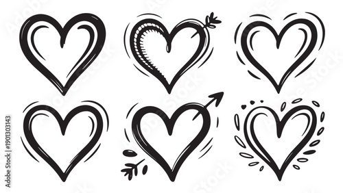 Set of six hand-drawn black heart illustrations with arrows and decorative elements, symbolizing love and romance, perfect for Valentine's Day or wedding designs.