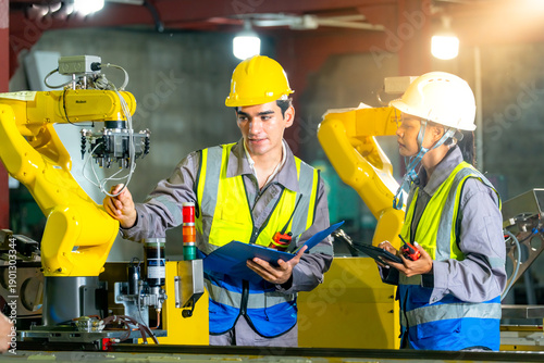 Industrial engineers inspect robotic arms and manufacturing processes using tablets and documentation, reflecting the smart factory era of Industry and teamwork with advanced automation.