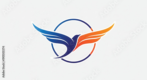 A dynamic and modern logo design featuring a stylized soaring bird with its wings wide open, elegantly framed within a sleek circular border. The illustration uses a bold split color palette.