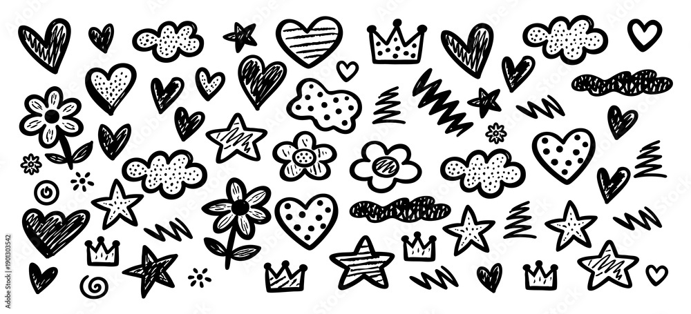 Fototapeta premium Hand-drawn doodle set featuring hearts, stars, flowers, clouds, and crowns. Black ink sketchy design elements for creative projects and backgrounds.