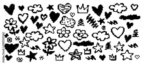 Retro 8-bit pixel art icon set featuring hearts, stars, clouds, and flowers in black and white. Ideal for nostalgic y2k graphic design projects.