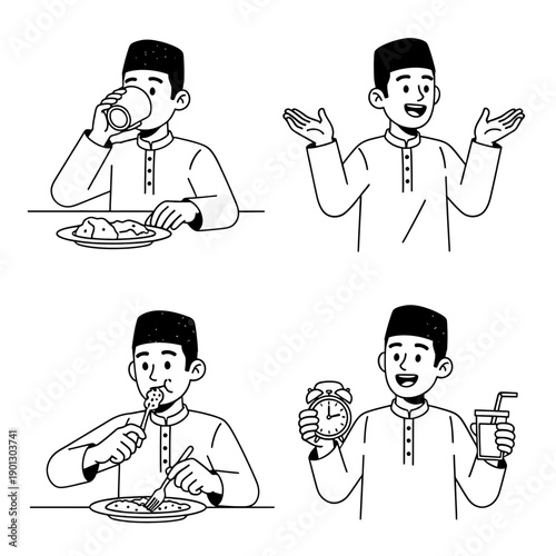 Traditional attire wearer demonstrating various dining and drinking gestures