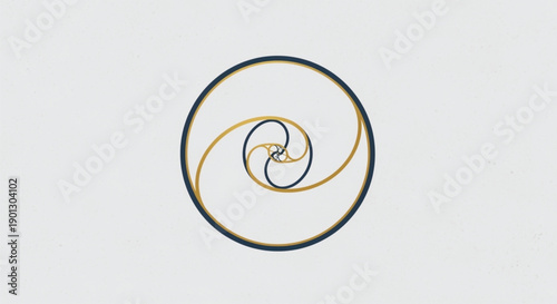A minimalist and sophisticated circular logo design featuring interlocking spiral lines inspired by the golden ratio and Fibonacci sequence. The elegant dark blue and gold palette.