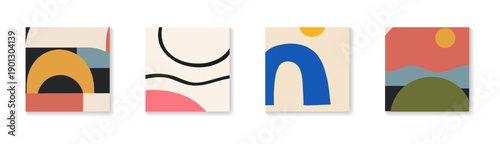 Set of four minimalist abstract geometric art prints with organic shapes and a contemporary color palette for home decor.