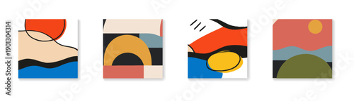 Set of four minimalist abstract art panels with vibrant geometric shapes and organic lines, perfect for contemporary home decor or web design.