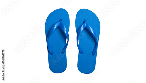 Two blue flip-flops on a solid black background, viewed from above