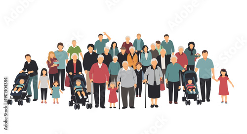 Diverse group portrait illustrating multiple generations including seniors, adults, children, and infants together showcasing community togetherness and family bonds.