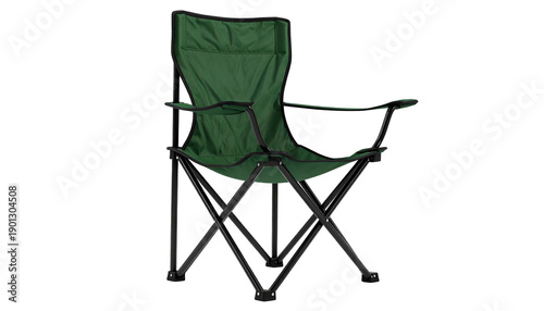 A green foldable camping chair, with black frame, isolated against a solid black background