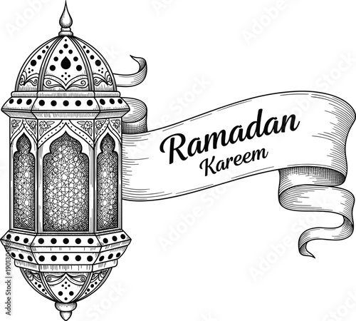 Intricate Hand-Drawn Line Art of a Traditional Ramadan Lantern with Decorative Ribbon Banner for Islamic Holiday Greeting Cards and Kareem Celebration Design