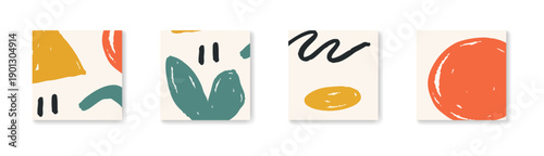 Set of four minimalist abstract art panels with organic shapes and hand-drawn lines in warm earthy tones. Perfect for modern home decor prints.