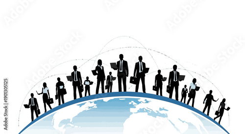 Silhouetted global business professionals standing atop a digital representation of Earth symbolizing worldwide corporate connection and technological integration for future success.