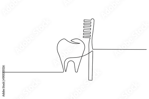Elegant one line art depicting a toothbrush. This simple black and white vector is ideal for oral health icons, dental clinic logos, and minimalist healthcare designs.