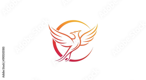 A vibrant and modern logo design featuring a stylized rising phoenix with outstretched wings, enclosed in a circular frame. The illustration uses a bold orange and red gradient, symbolizing rebirth.