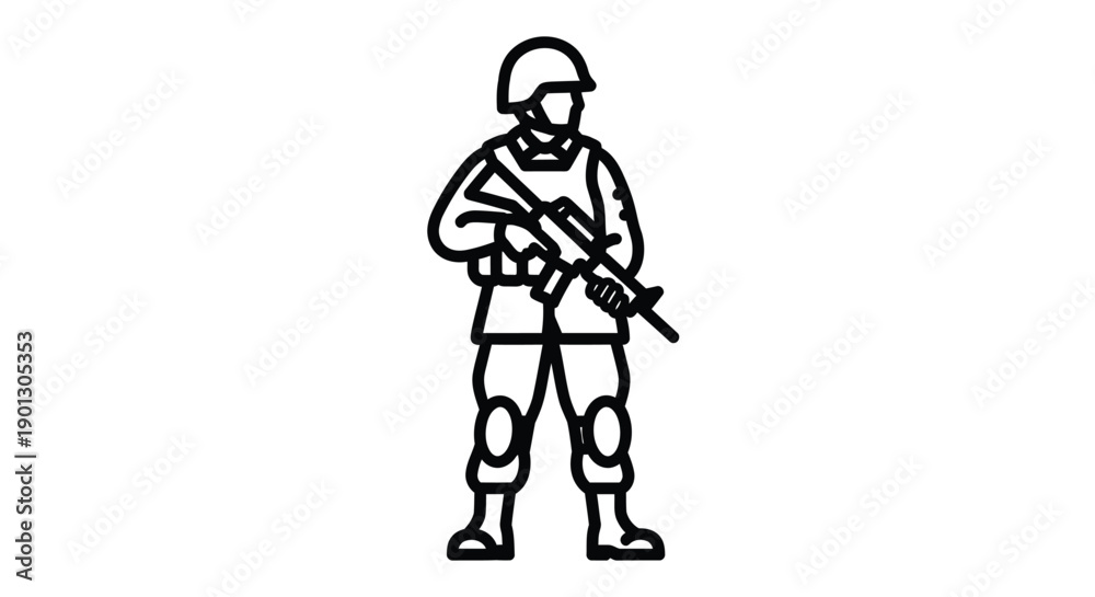 Fototapeta premium Simple black and white illustration of a soldier with a rifle