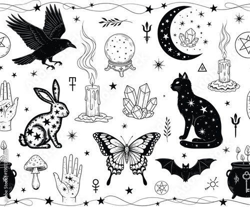Mystical Black and White Illustration Set Featuring a Crow, Black Cat, Rabbit, Butterfly, and Magic Symbols Like Crystals, Candles, and Moon for Witchy Decor