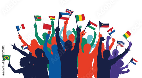 Diverse silhouettes of cheering people proudly waving various national flags together in a vibrant display of global unity and celebration