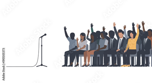 Diverse group of seated audience members actively raising hands near a microphone stand, indicating questions or participation in an event.