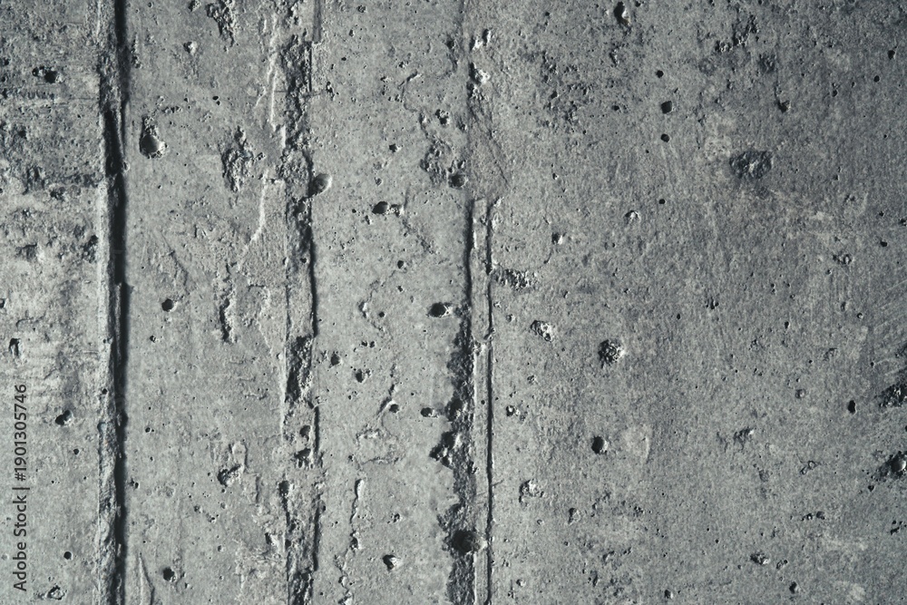 Obraz premium Front view of architectural concrete wall with vertical formwork lines and small pockmarks. Industrial cement texture with linear shuttering patterns for modern loft design and mockups.