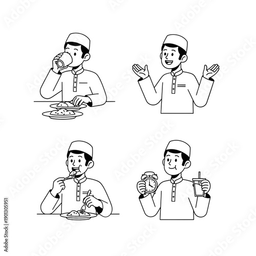Illustrations of a person using a mobile phone and eating at a table in different ways