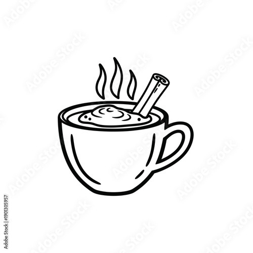 Hot cocoa mug illustration in minimalist line style in black and white representing cozy winter drink with copy space
