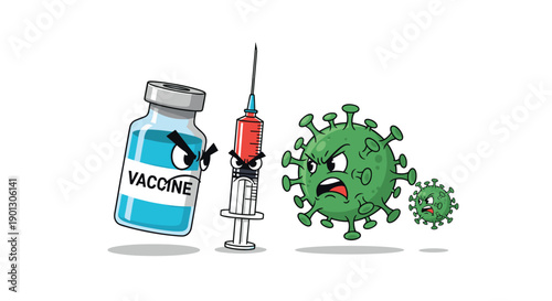 Battle between science and disease showing an angry vaccine bottle and syringe attacking a large group of angry green coronavirus germs.