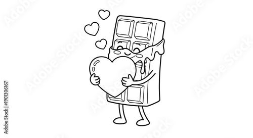 Loving chocolate bar character holding a big heart with melting chocolate dripping down its body in a delightful black and white coloring page.
