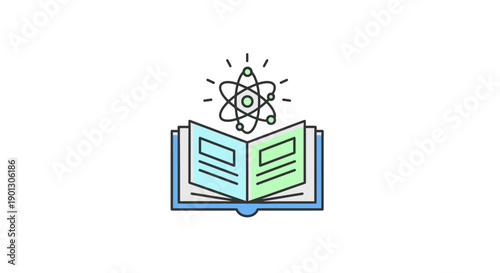 Open book with atom symbol above pages representing science and education.