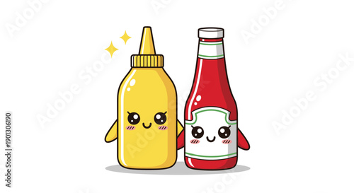 Cheerful mustard and ketchup plastic bottles depicted as cute cartoon characters with happy faces and sparkling stars on a white background.