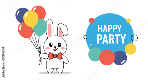 Adorable white bunny holding a bunch of colorful balloons stands next to a blue happy party circle for celebration themes.