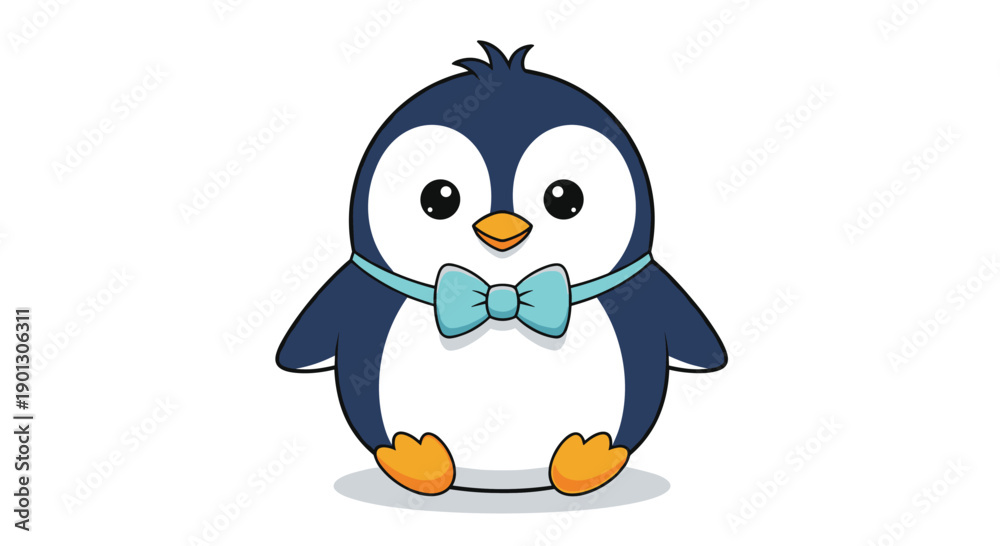 Obraz premium Round and cute cartoon penguin character wearing a light blue bow tie and standing in a friendly pose on a white background.