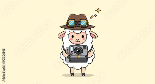 Cute cartoon sheep character dressed in a brown explorer hat and goggles, holding a vintage polaroid camera to take photos.