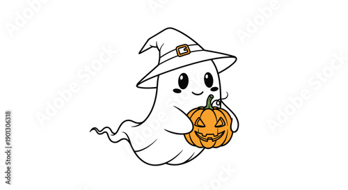 Friendly white ghost wearing a purple witch hat and holding a carved orange jack-o-lantern pumpkin for Halloween night.