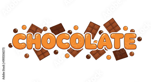 Stylized orange chocolate text surrounded by dark chocolate bars and cocoa beans on a clean white background for candy shop design.